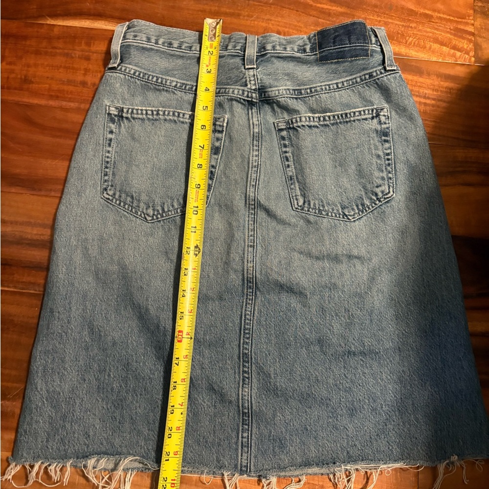 AMO Denim “Welder Skirt” in Woodland Wash | Size 26 | Raw Hem Midi Skirt (0510) - Picture 6 of 8